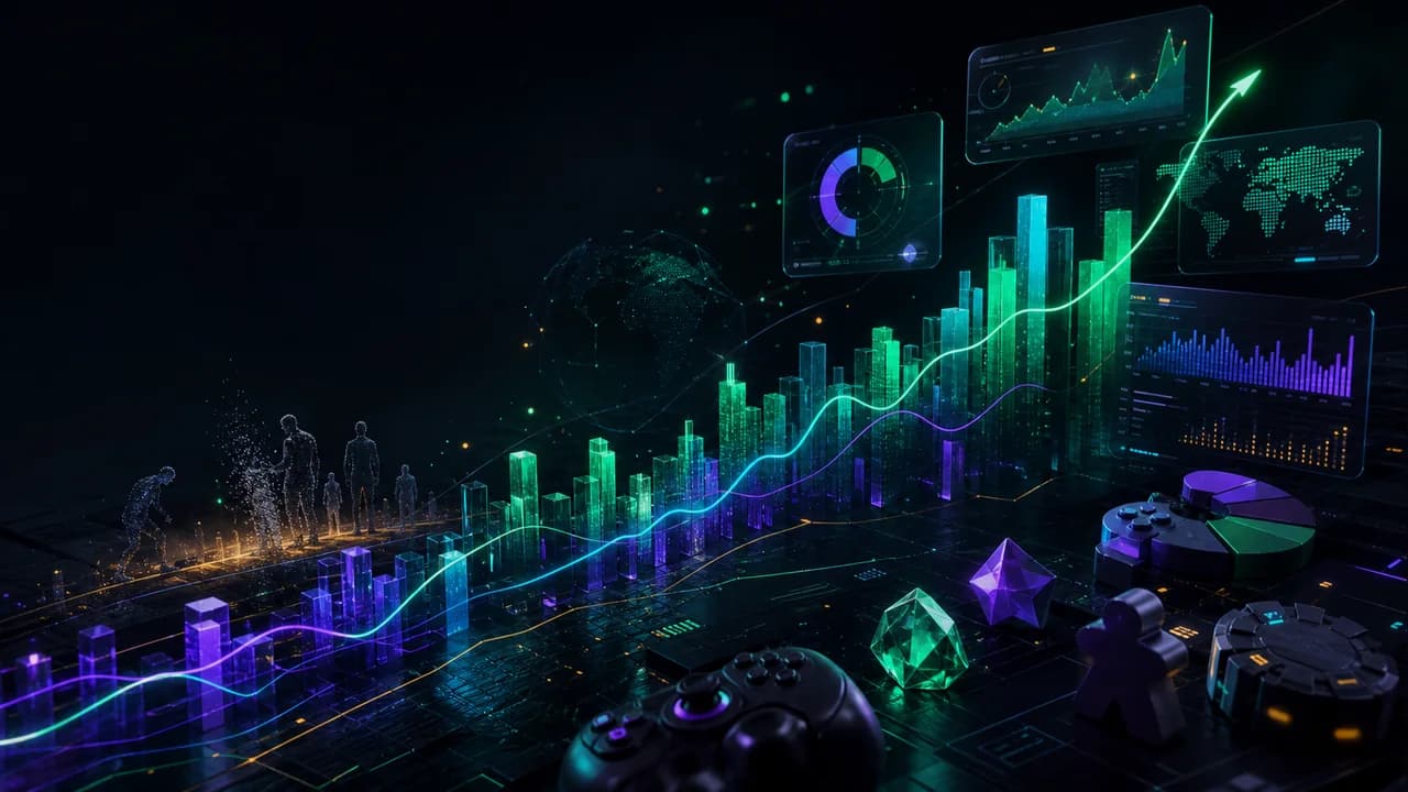 Dark gaming market intelligence terminal with holographic charts