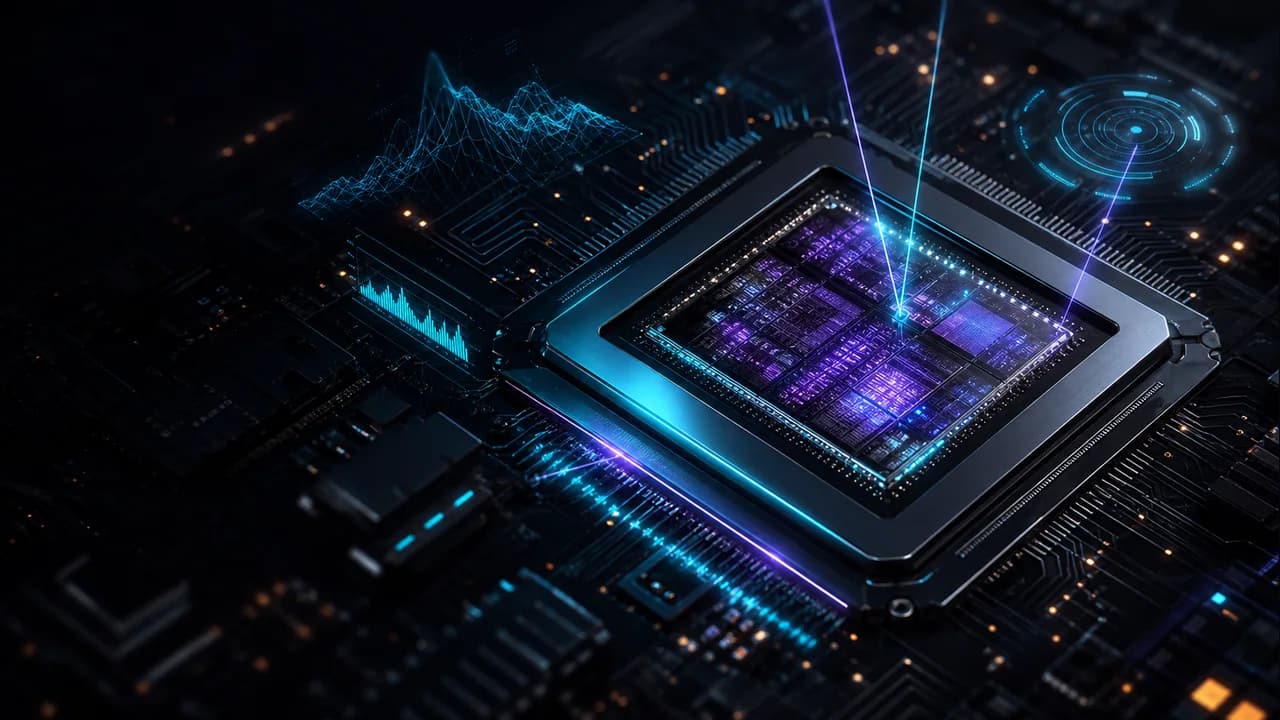 Close-up of a futuristic GPU board with glowing compute traces