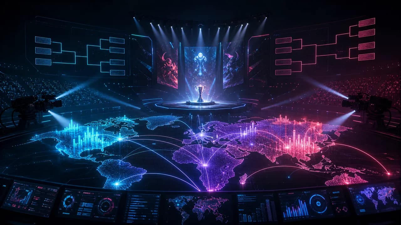Futuristic esports arena with viewership heatmap and stage lighting